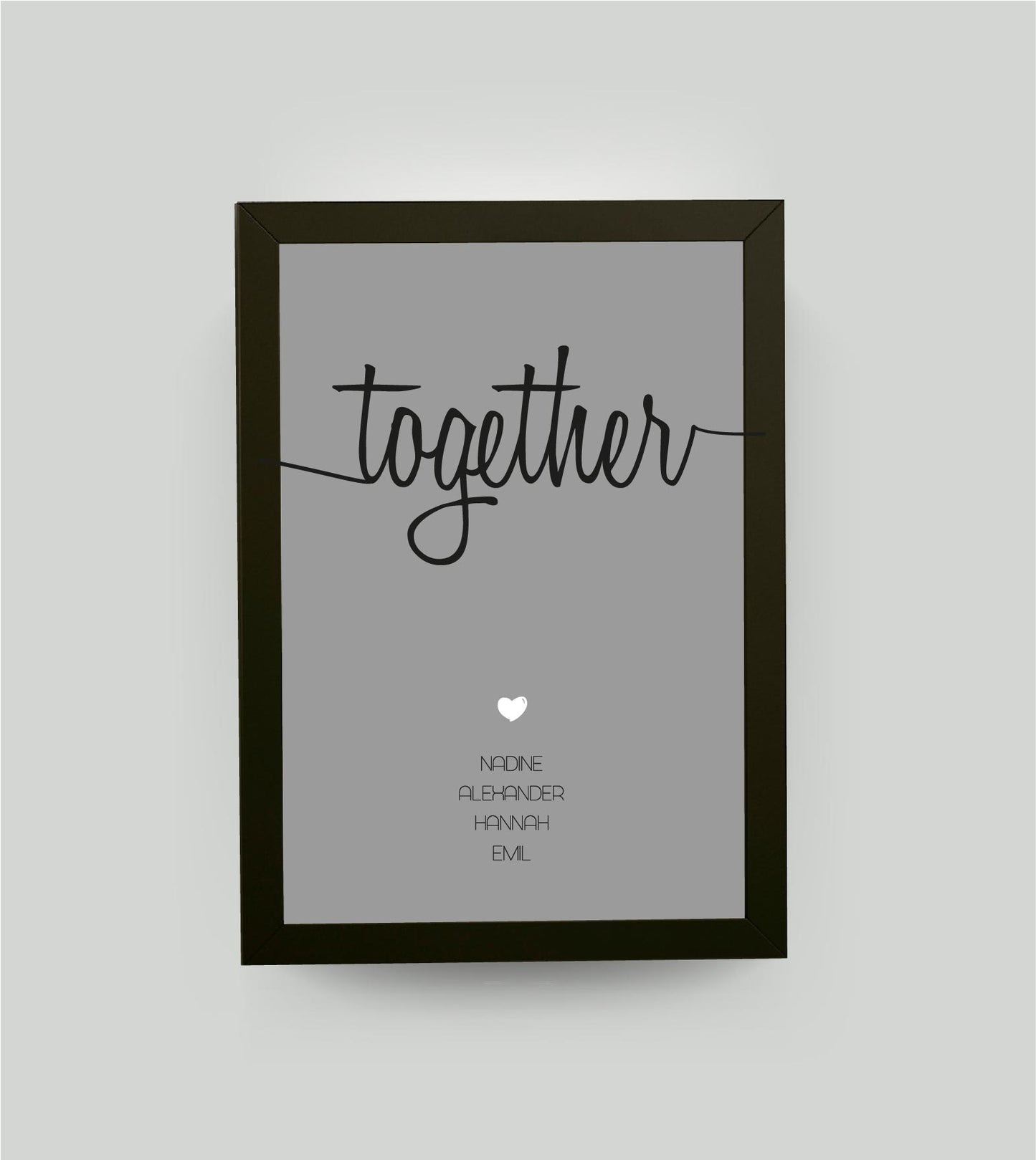 Personalisiertes Familienbild “TOGETHER”, Bildfarbe: Grau, Bildgröße: 13x18cm, Bilderrahmen: Bilderrahmen schwarz ohne Passepartout, Copyright:321geschenke.de