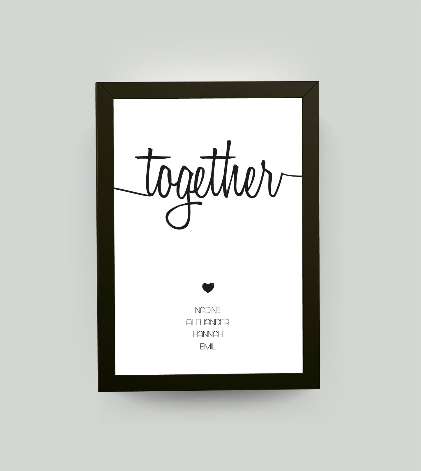 Personalisiertes Familienbild “TOGETHER”, Bildfarbe: Weiß, Bildgröße: 13x18cm, Bilderrahmen: Bilderrahmen schwarz ohne Passepartout, Copyright:321geschenke.de