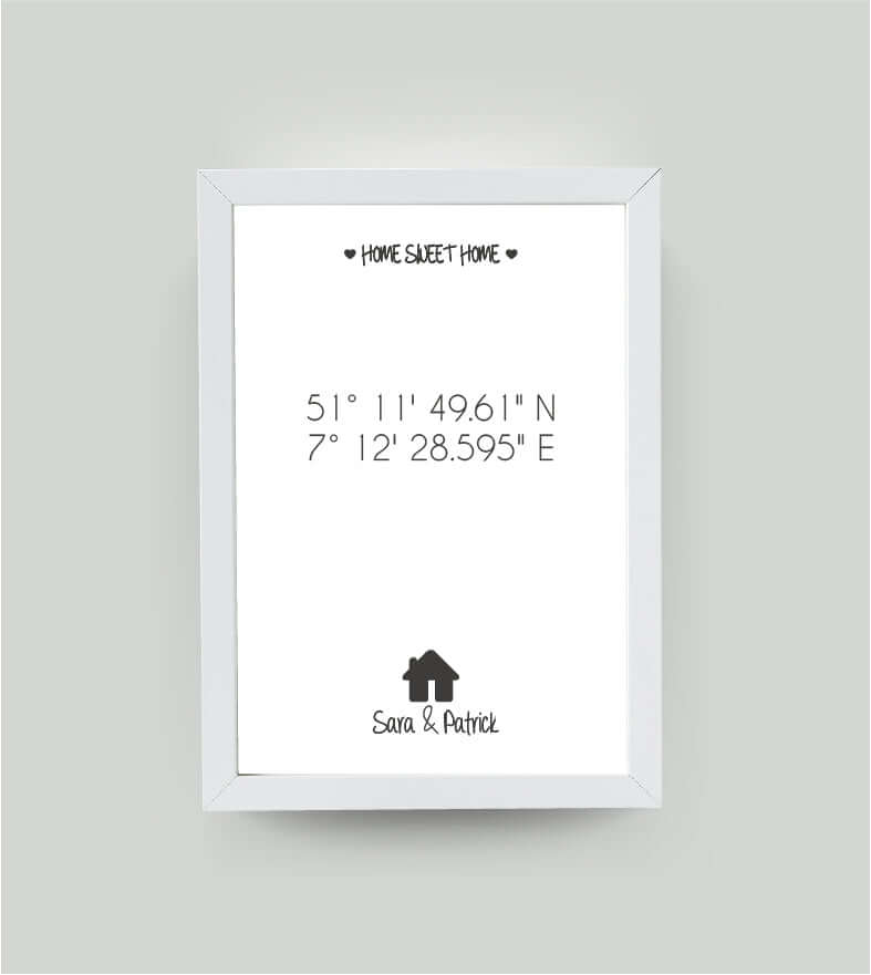 Personalisiertes Bild "HOME SWEET HOME HAUS" in weiß, DIN A4, mit Rahmen weiß 21x30cm, ohne Passepartout, Copyright:321geschenke.de