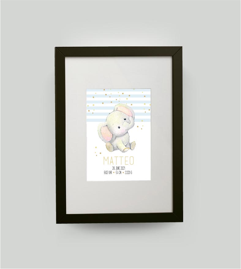 Personalisiertes Geburtsposter “Elefant” 🐘, Bildgröße: DIN A4, Bilderrahmen: Bilderrahmen schwarz mit Passepartout, , Copyright:321geschenke.de
