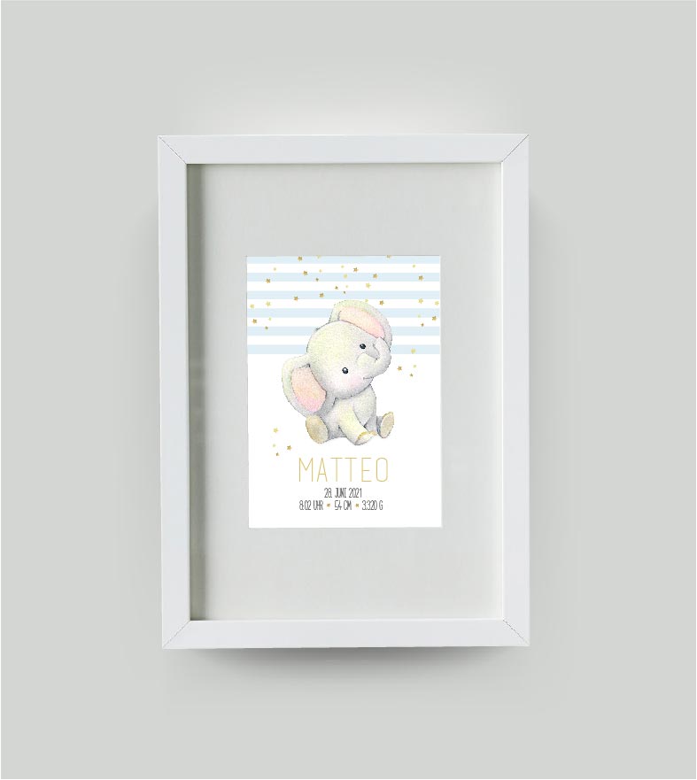 Personalisiertes Geburtsposter “Elefant” 🐘, Bildgröße: DIN A4, Bilderrahmen: Bilderrahmen weiß mit Passepartout, , Copyright:321geschenke.de
