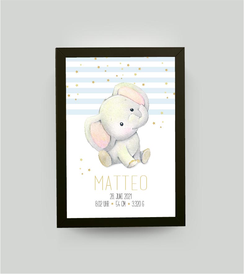 Personalisiertes Geburtsposter “Elefant” 🐘, Bildgröße: 13x18cm, Bilderrahmen: Bilderrahmen schwarz ohne Passepartout, , Copyright:321geschenke.de