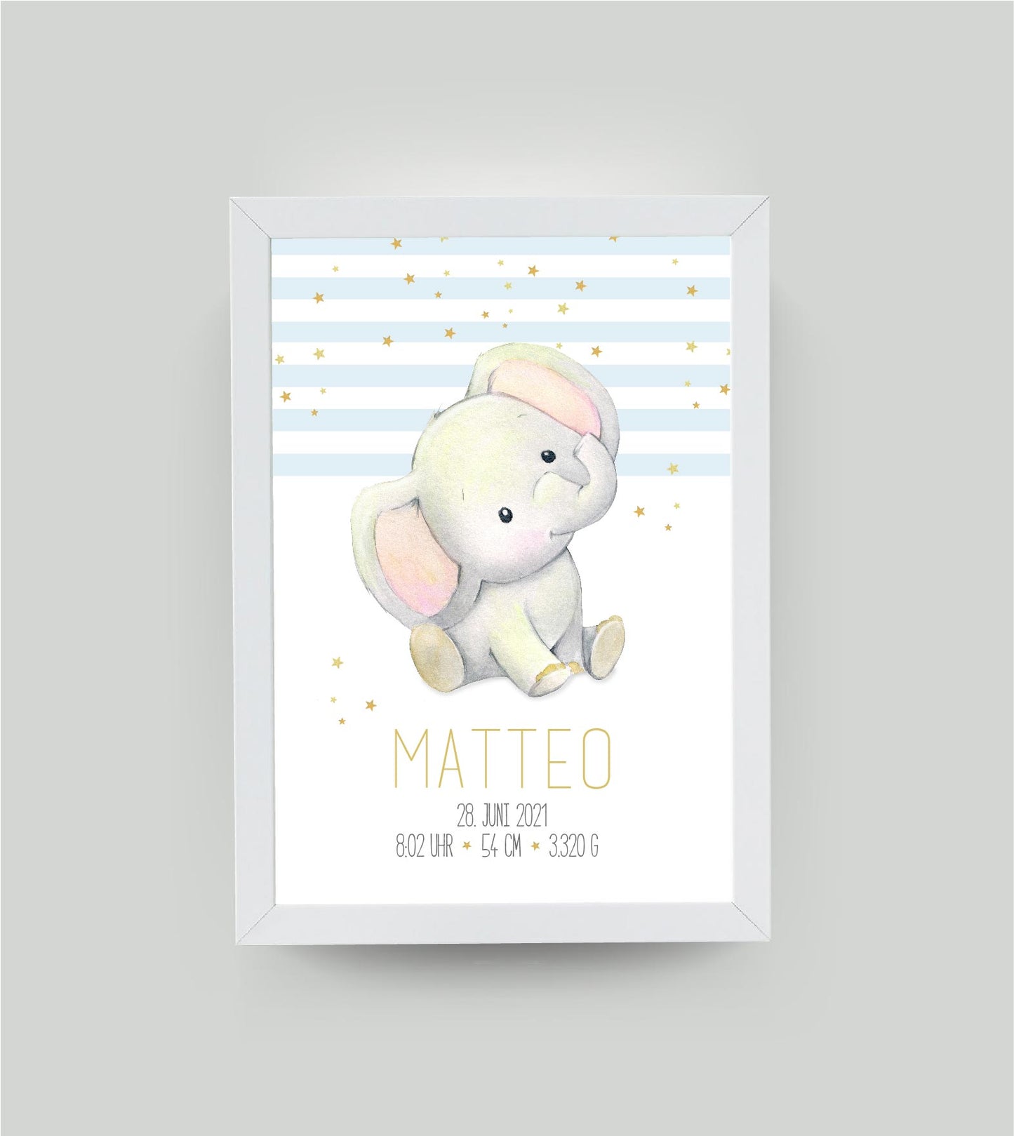 Personalisiertes Geburtsposter “Elefant” 🐘, Bildgröße: 13x18cm, Bilderrahmen: Ohne Bilderrahmen, , Copyright:321geschenke.de
