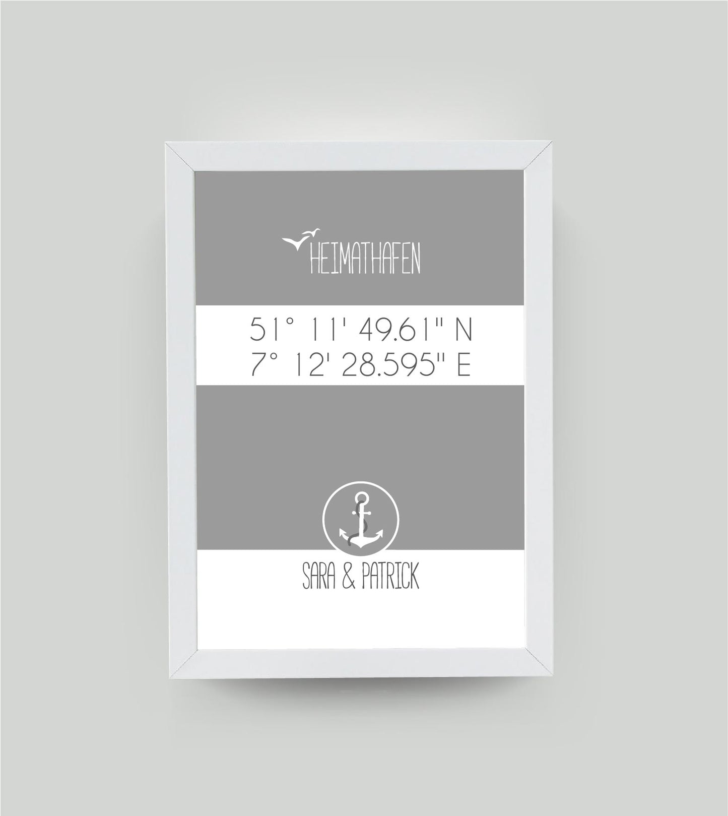 Personalisiertes Koordinaten Bild “HEIMATHAFEN” mit Anker, Bildfarbe: Grau, Bildgröße: 13x18cm, Bilderrahmen: Ohne Bilderrahmen, Copyright:321geschenke.de