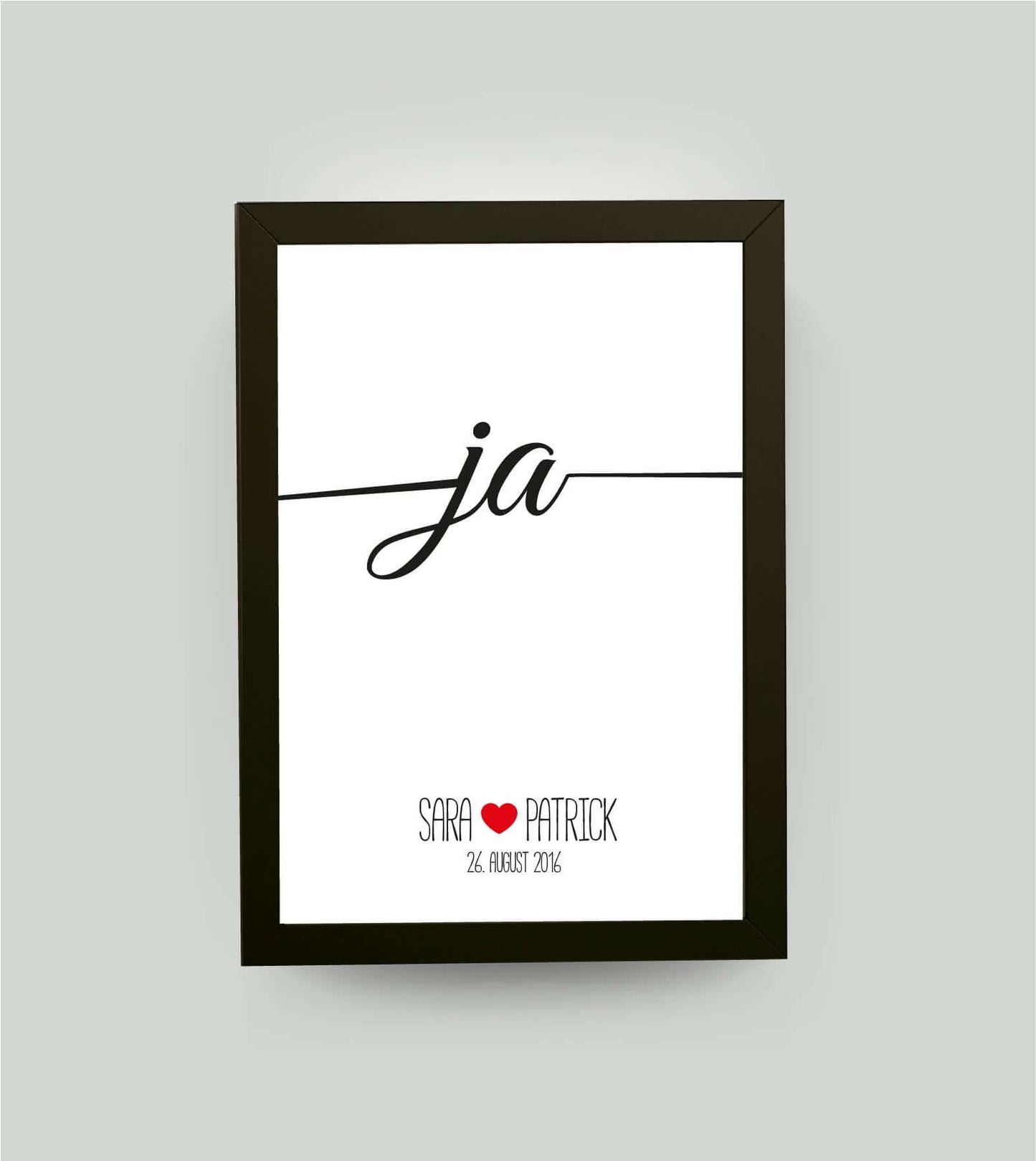 Personalisiertes Bild “Ja” Hochzeit, Bildfarbe: Weiß, Bildgröße: 13x18cm, Bilderrahmen: Bilderrahmen schwarz ohne Passepartout, Copyright: 321geschenke.de
