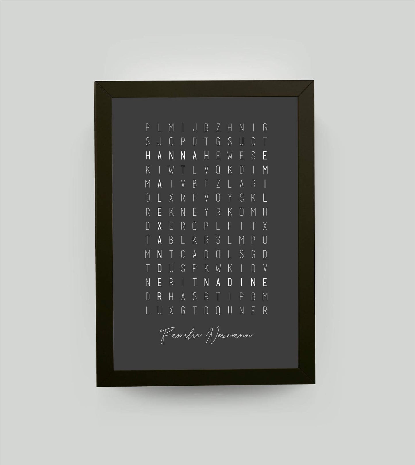 Personalisiertes Namensposter “Kreuzworträtsel”, Bildfarbe: Anthrazit/Schwarz, Bildgröße: 13x18cm, Bilderrahmen: Bilderrahmen schwarz ohne Passepartout, Copyright: 321geschenke.de