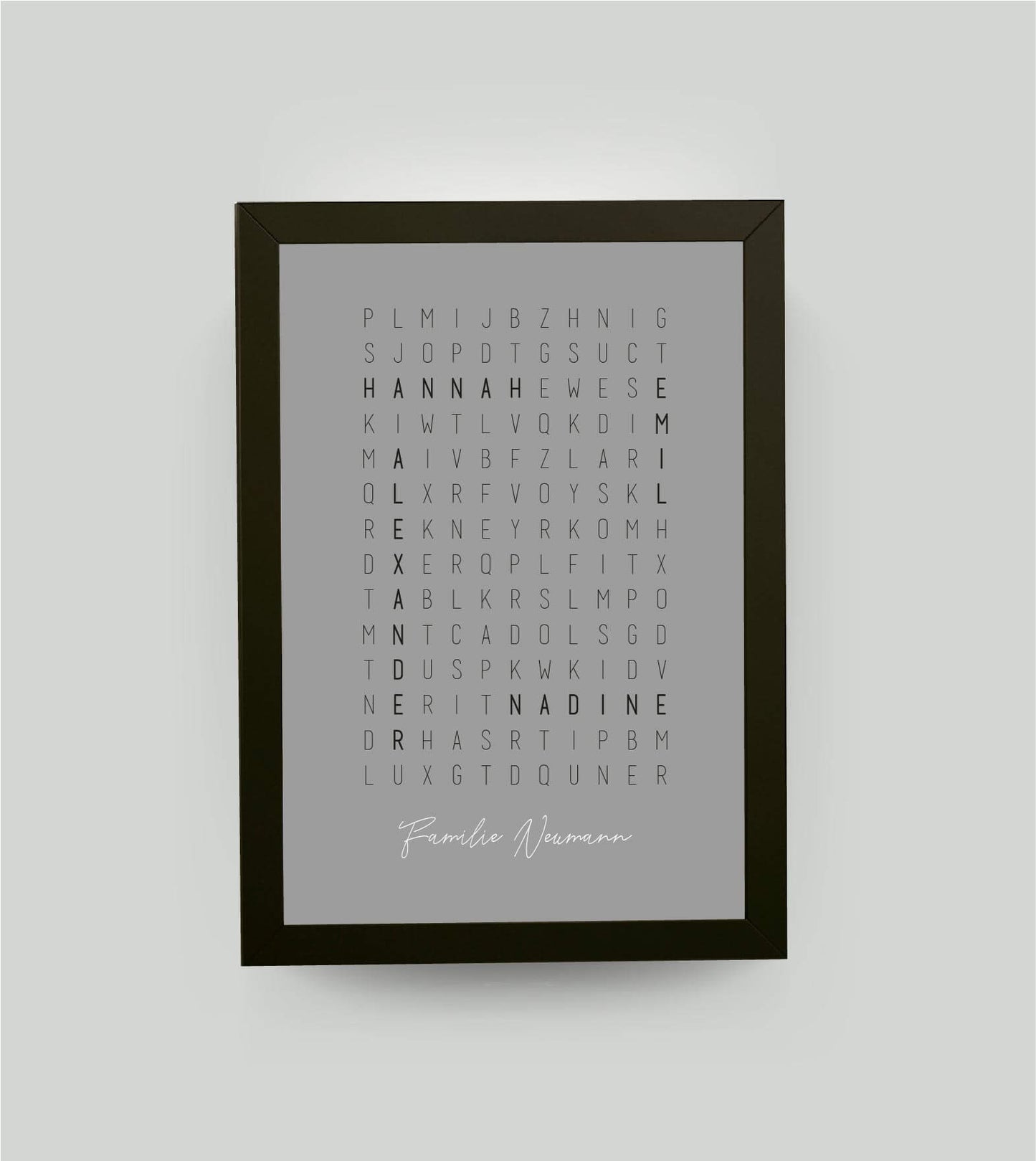 Personalisiertes Namensposter “Kreuzworträtsel”, Bildfarbe: Grau, Bildgröße: 13x18cm, Bilderrahmen: Bilderrahmen schwarz ohne Passepartout, Copyright: 321geschenke.de