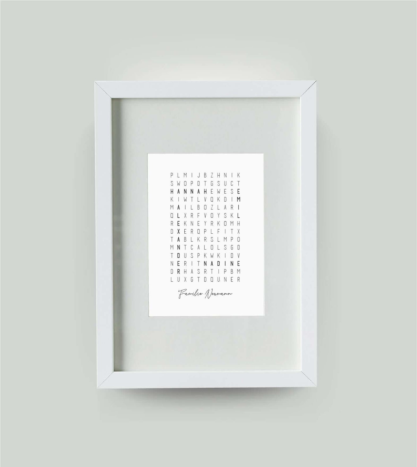 Personalisiertes Namensposter “Kreuzworträtsel”, Bildfarbe: Weiß, Bildgröße: DIN A4, Bilderrahmen: Bilderrahmen weiß mit Passepartout, Copyright: 321geschenke.de