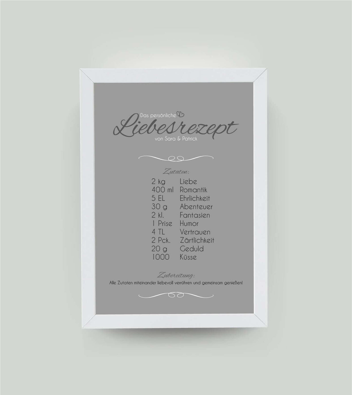 Personalisiertes Bild “Liebesrezept”, Bildfarbe: Grau, Bildgröße: 13x18cm, Bilderrahmen: Ohne Bilderrahmen, Copyright: 321geschenke.de