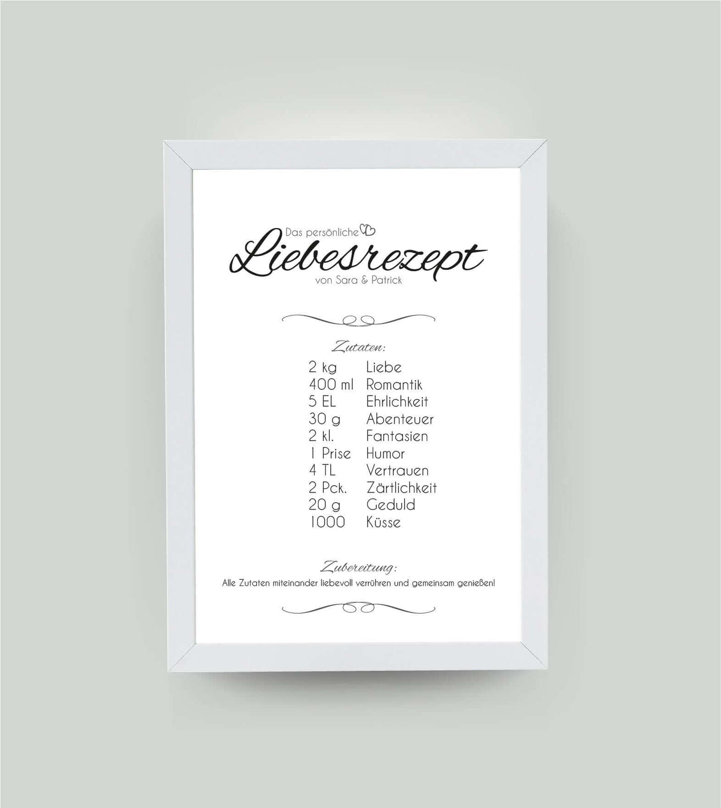 Personalisiertes Bild “Liebesrezept”, Bildfarbe: Weiß, Bildgröße: 13x18cm, Bilderrahmen: Ohne Bilderrahmen, Copyright: 321geschenke.de