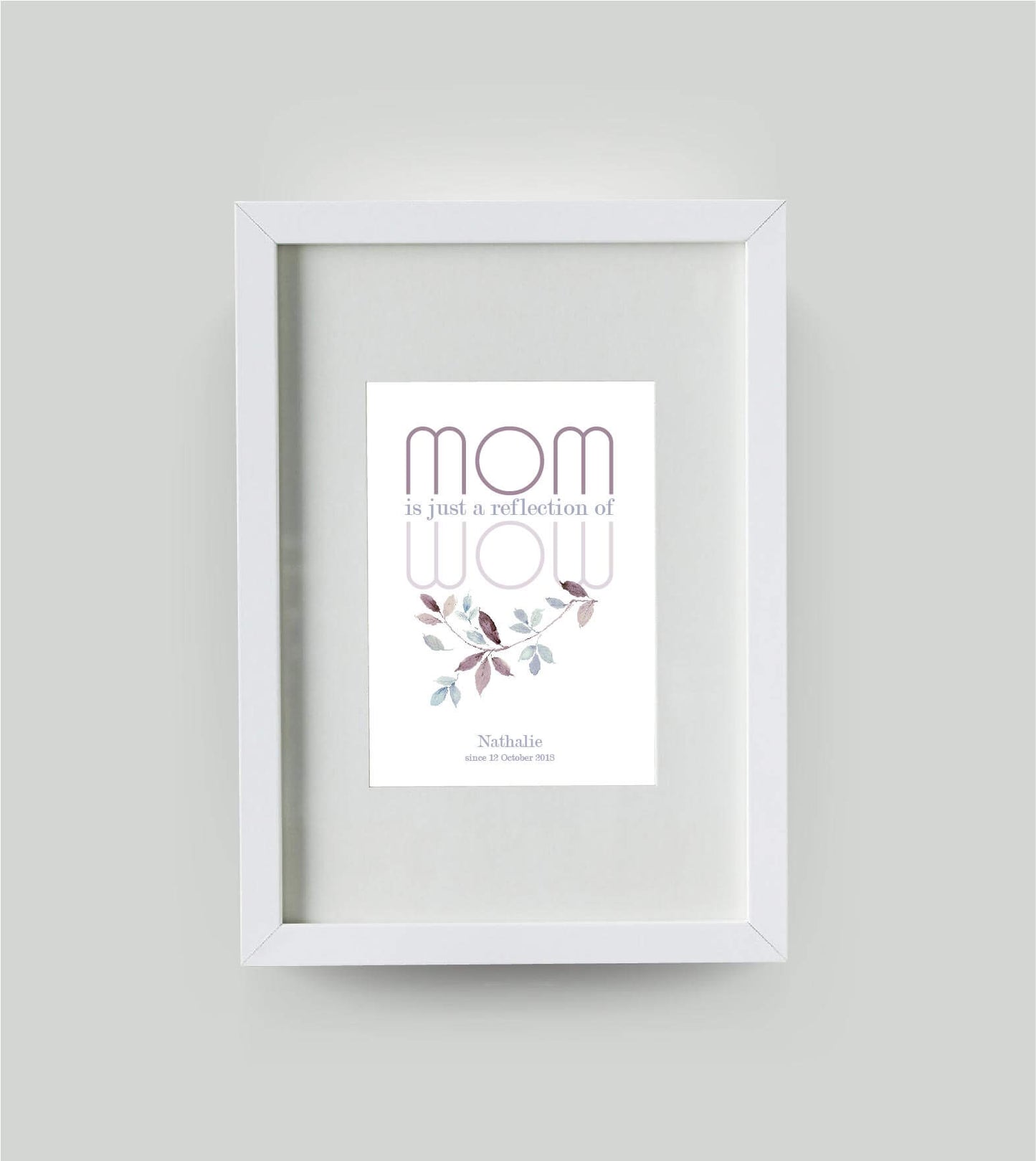 Personalisiertes Bild “MOM = WOW”, Bildfarbe: Weiß, Bildgröße: DIN A4, Bilderrahmen: Bilderrahmen weiß mit Passepartout, Copyright: 321geschenke.de