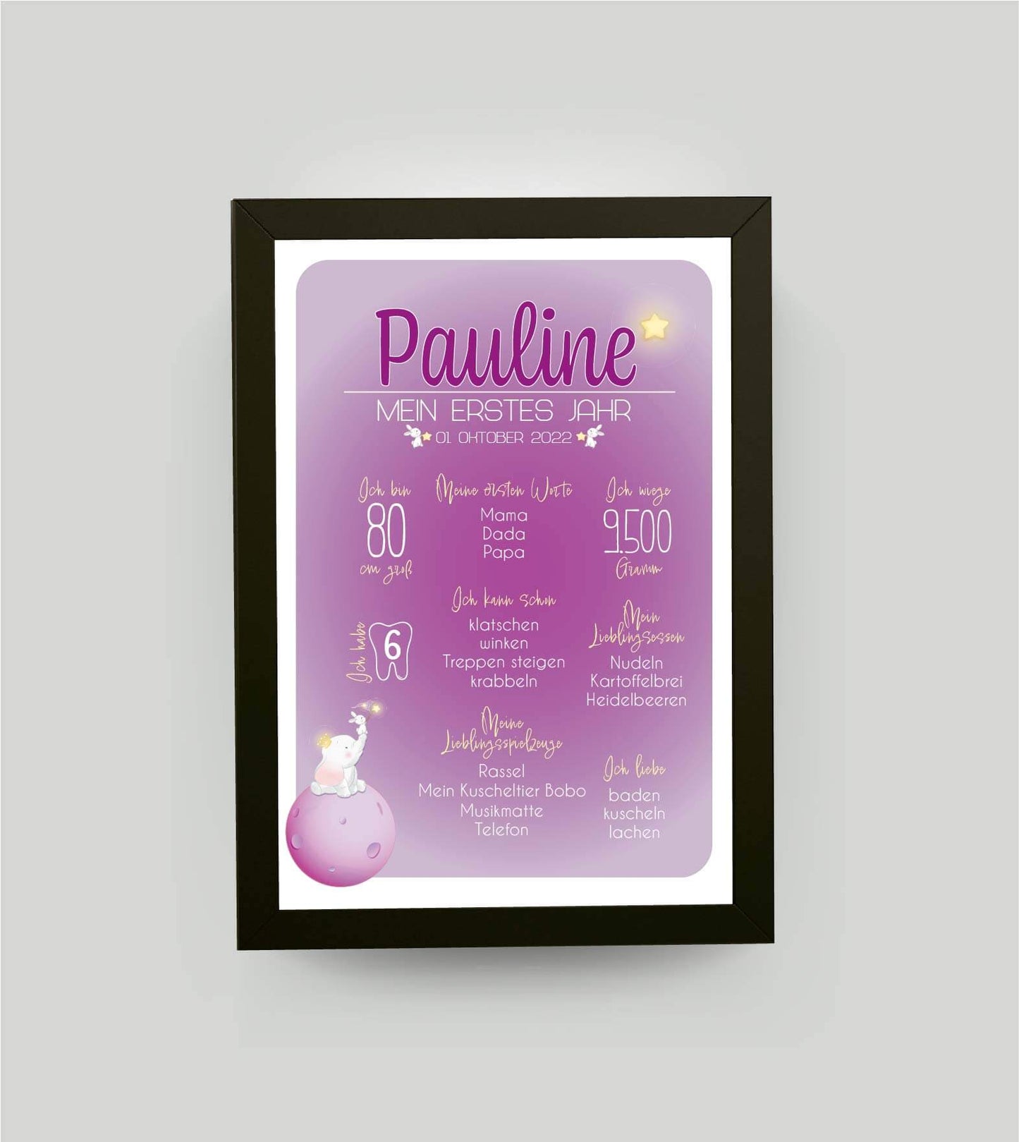 Personalisiertes Babyposter “Mein erstes Jahr” in rosa, DIN A4, mit Rahmen schwarz 21x30cm, ohne Passepartout, Copyright:321geschenke.de