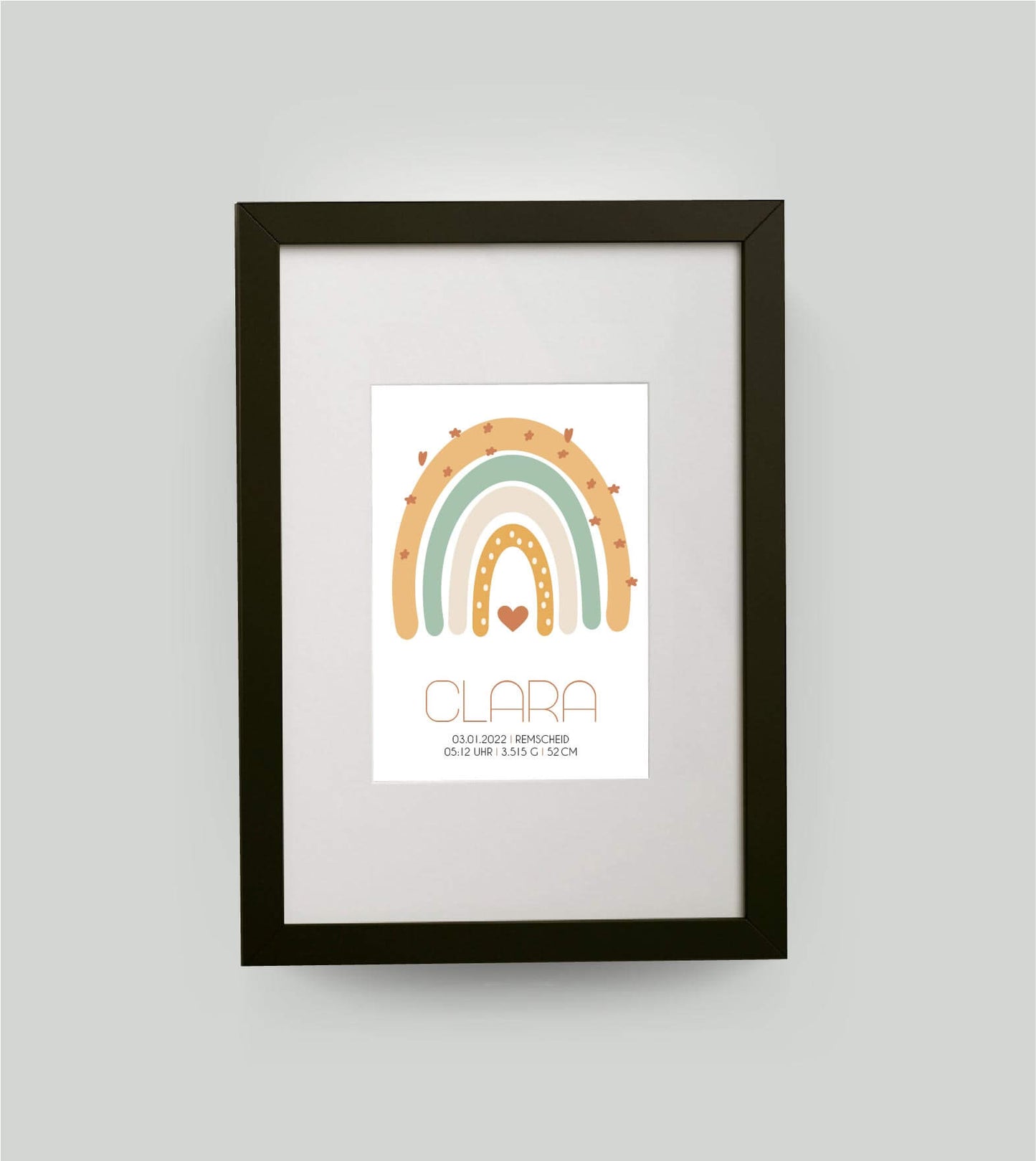 Personalisiertes Babyposter “Regenbogen” natur, 13x18cm, mit Rahmen schwarz 21x30cm, mit Passepartout, Copyright:321geschenke.de