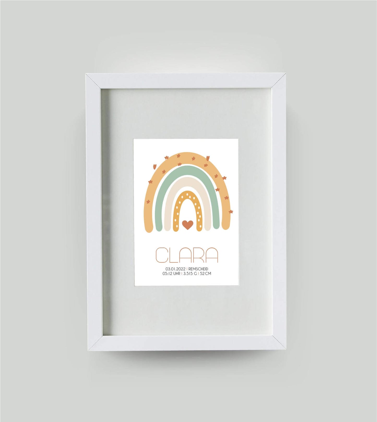 Personalisiertes Babyposter “Regenbogen” natur, 13x18cm, mit Rahmen weiß 21x30cm, mit Passepartout, Copyright:321geschenke.de