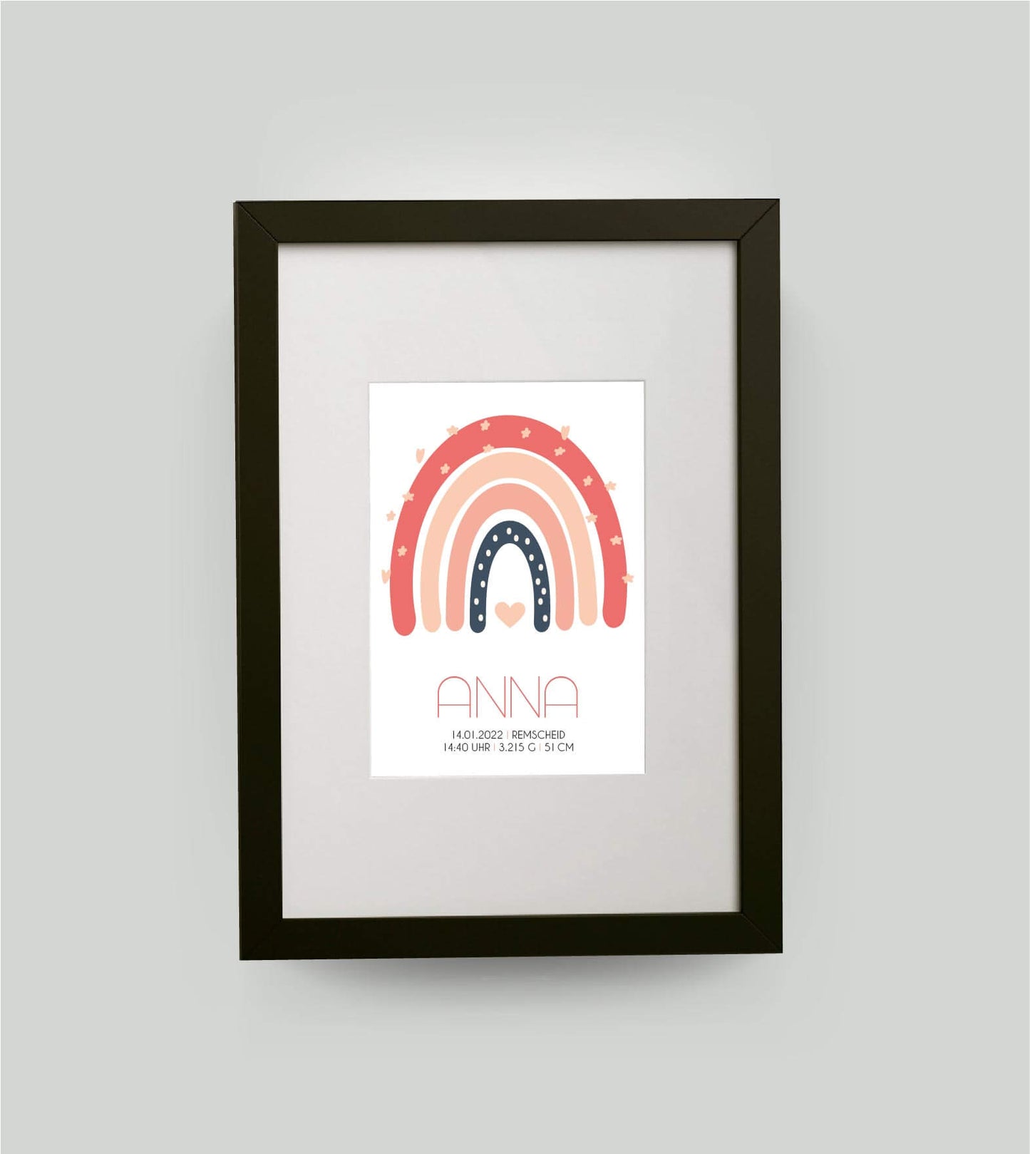 Personalisiertes Babyposter “Regenbogen” rosa, 13x18cm, mit Rahmen schwarz 21x30cm, mit Passepartout, Copyright:321geschenke.de