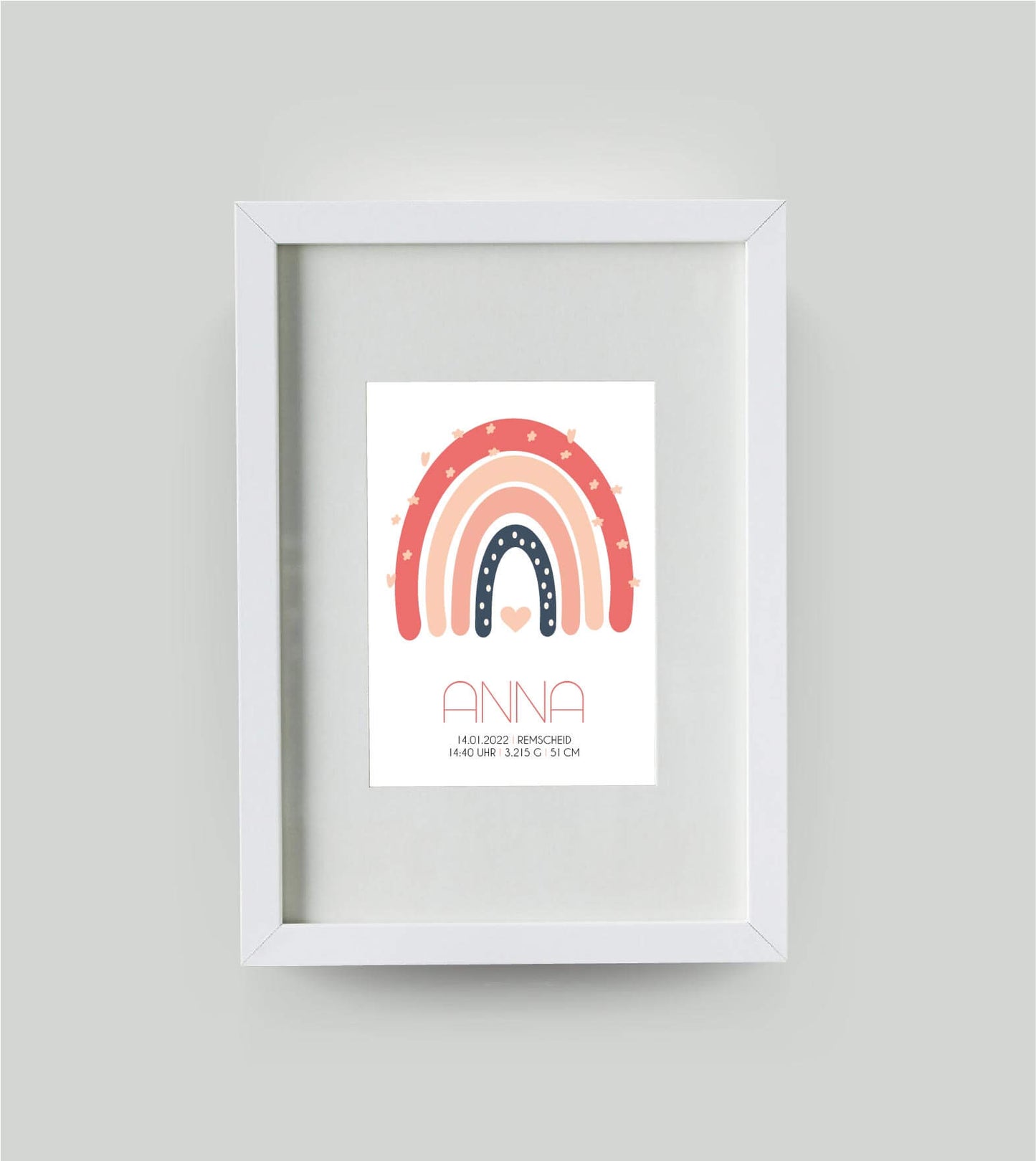Personalisiertes Babyposter “Regenbogen” rosa, 13x18cm, mit Rahmen weiß 21x30cm, mit Passepartout, Copyright:321geschenke.de