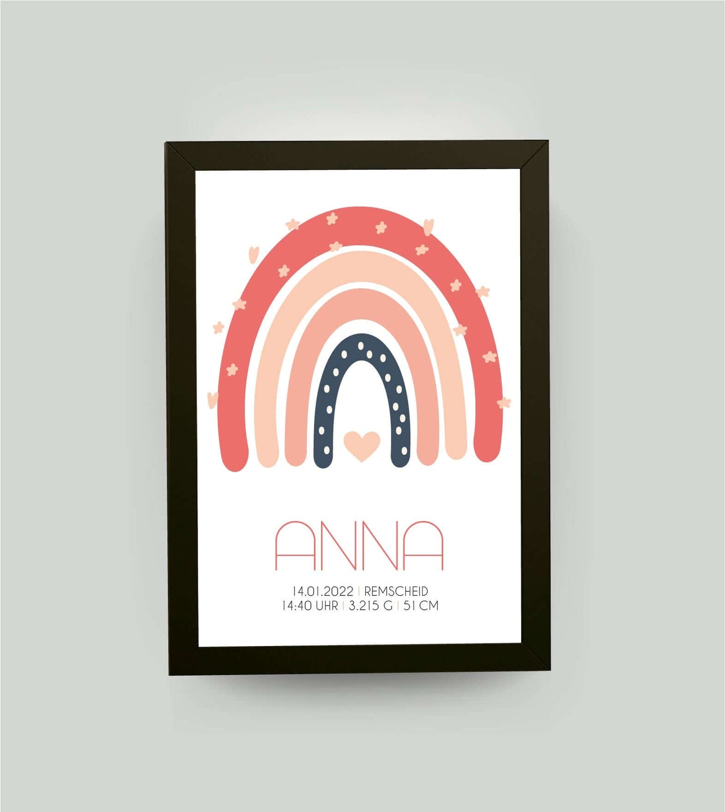 Personalisiertes Babyposter “Regenbogen” rosa, DIN A4, mit Rahmen schwarz 21x30cm, ohne Passepartout, Copyright:321geschenke.de