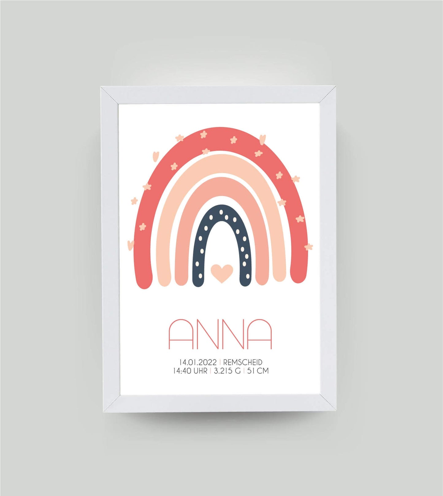 Personalisiertes Babyposter “Regenbogen” rosa, DIN A4, mit Rahmen weiß 21x30cm, ohne Passepartout, Copyright:321geschenke.de