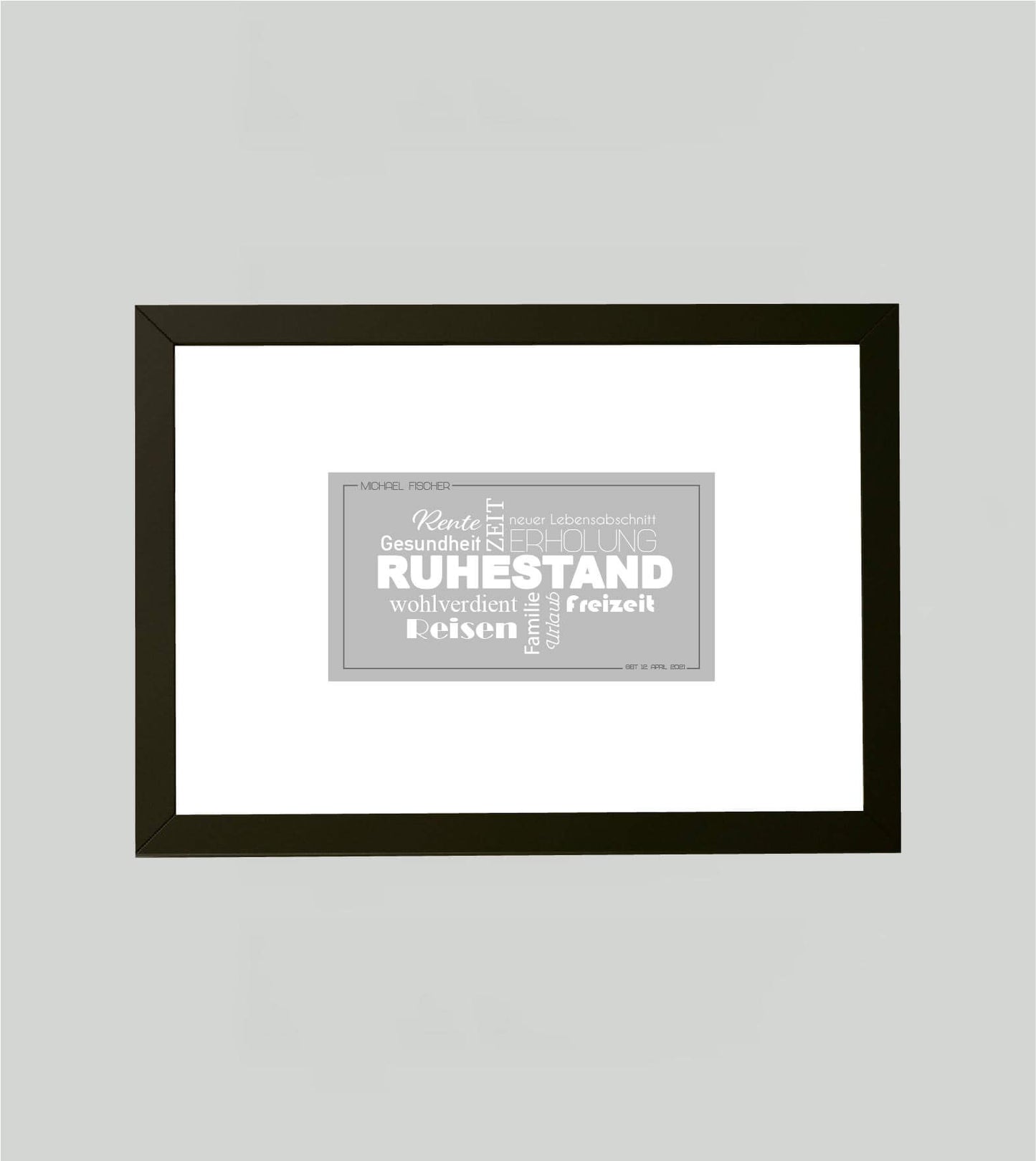 Personalisiertes Bild “Ruhestand Abschiedsgeschenk”, Bildfarbe: Grau, Bildgröße: DIN A4, Bilderrahmen: Bilderrahmen schwarz ohne Passepartout,Copyright: 321geschenke.de