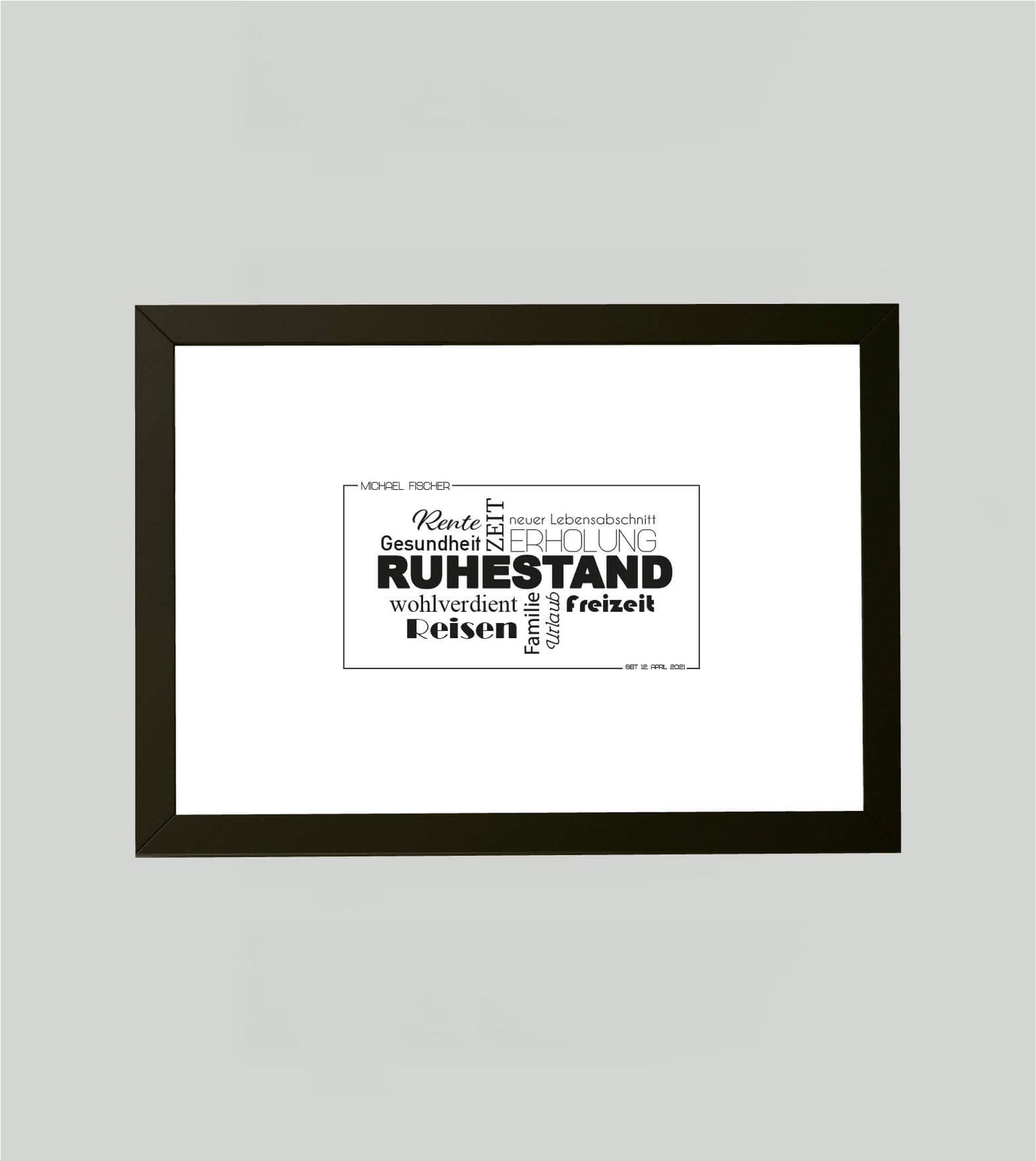 Personalisiertes Bild “Ruhestand Abschiedsgeschenk”, Bildfarbe: Weiß, Bildgröße: DIN A4, Bilderrahmen: Bilderrahmen schwarz ohne Passepartout,Copyright: 321geschenke.de