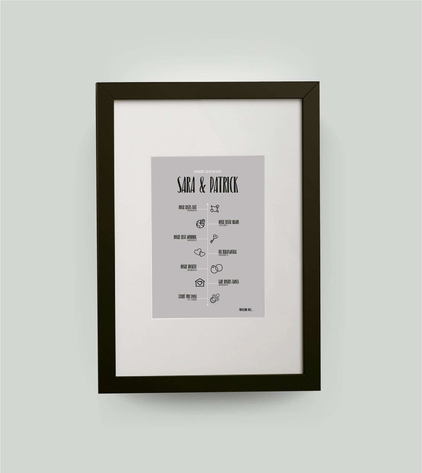 Personalisiertes Bild “TIMELINE” - Unsere Geschichte, Bildfarbe: Grau, Bildgröße: 13x18cm, DIN A4, DIN A3, Bilderrahmen: Bilderrahmen schwarz mit Passepartout, Copyright:321geschenke.de