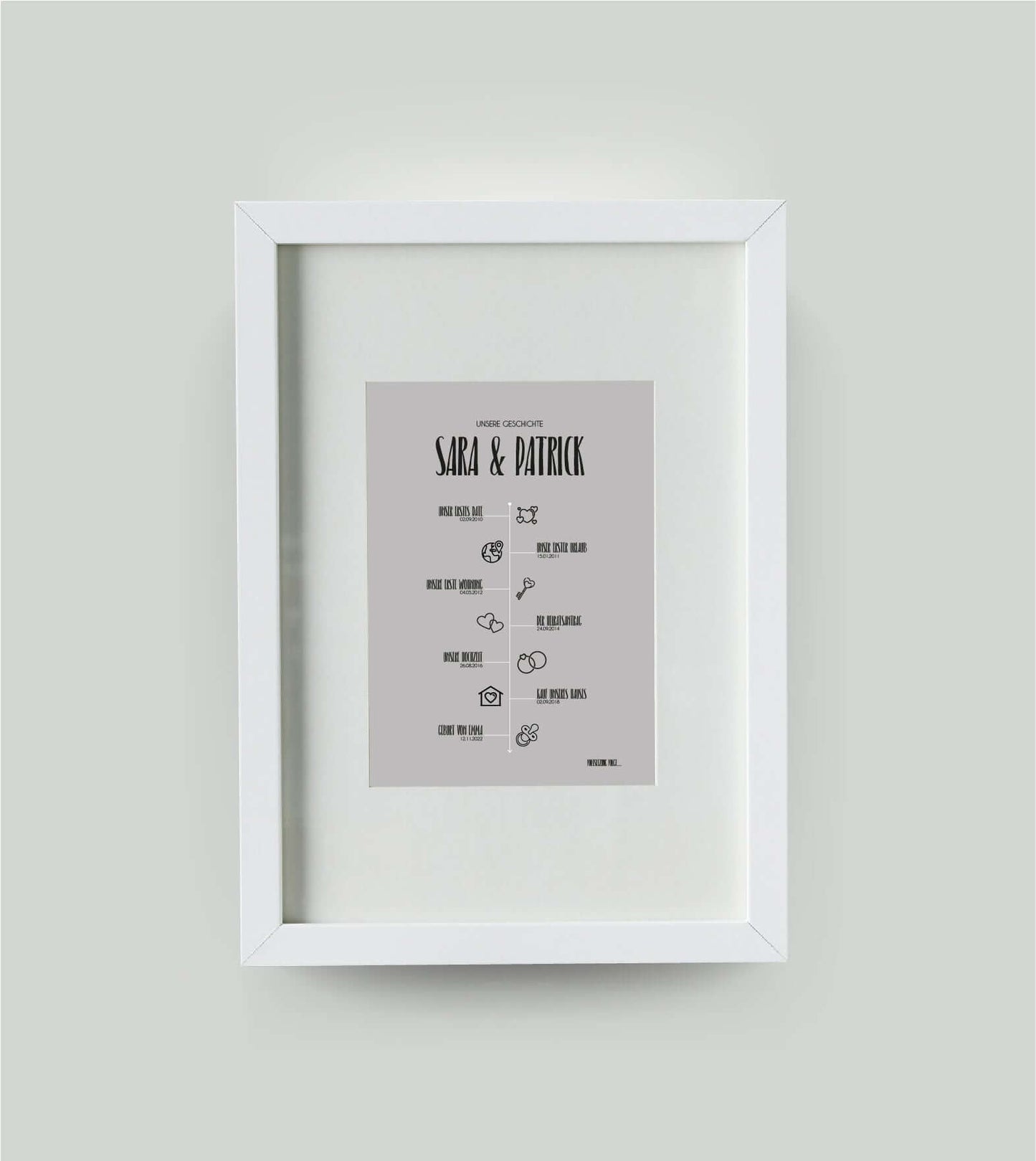 Personalisiertes Bild “TIMELINE” - Unsere Geschichte, Bildfarbe: Grau, Bildgröße: 13x18cm, DIN A4, DIN A3, Bilderrahmen: Bilderrahmen weiß mit Passepartout, Copyright:321geschenke.de