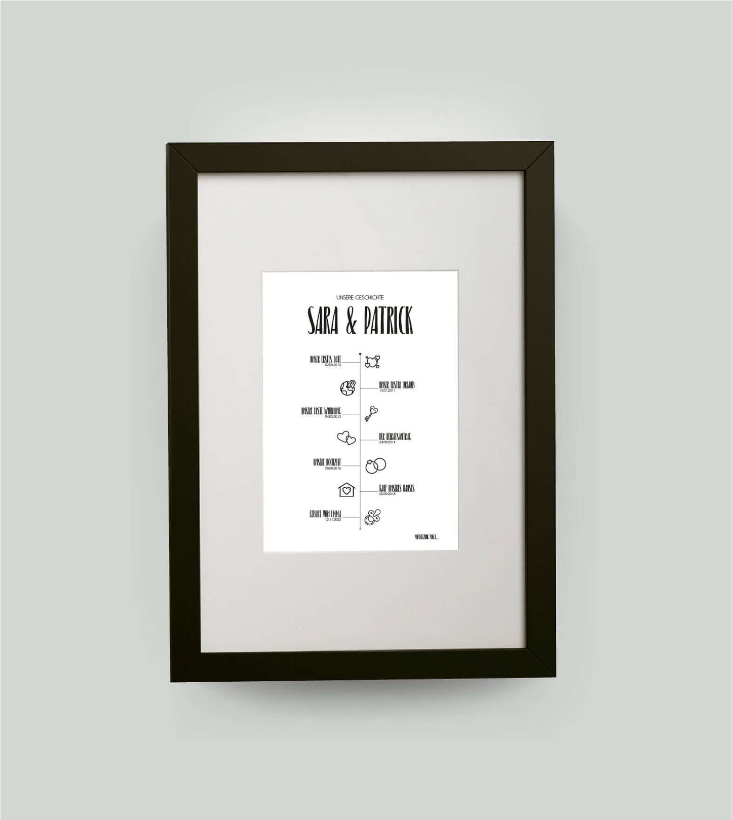 Personalisiertes Bild “TIMELINE” - Unsere Geschichte, Bildfarbe: Weiß, Bildgröße: 13x18cm, DIN A4, DIN A3, Bilderrahmen: Bilderrahmen schwarz mit Passepartout, Copyright:321geschenke.de
