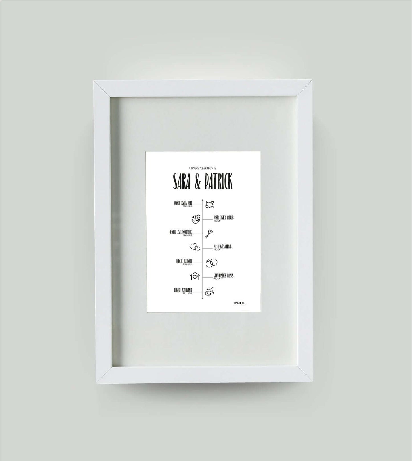Personalisiertes Bild “TIMELINE” - Unsere Geschichte, Bildfarbe: Weiß, Bildgröße: 13x18cm, DIN A4, DIN A3, Bilderrahmen: Bilderrahmen weiß mit Passepartout, Copyright:321geschenke.de