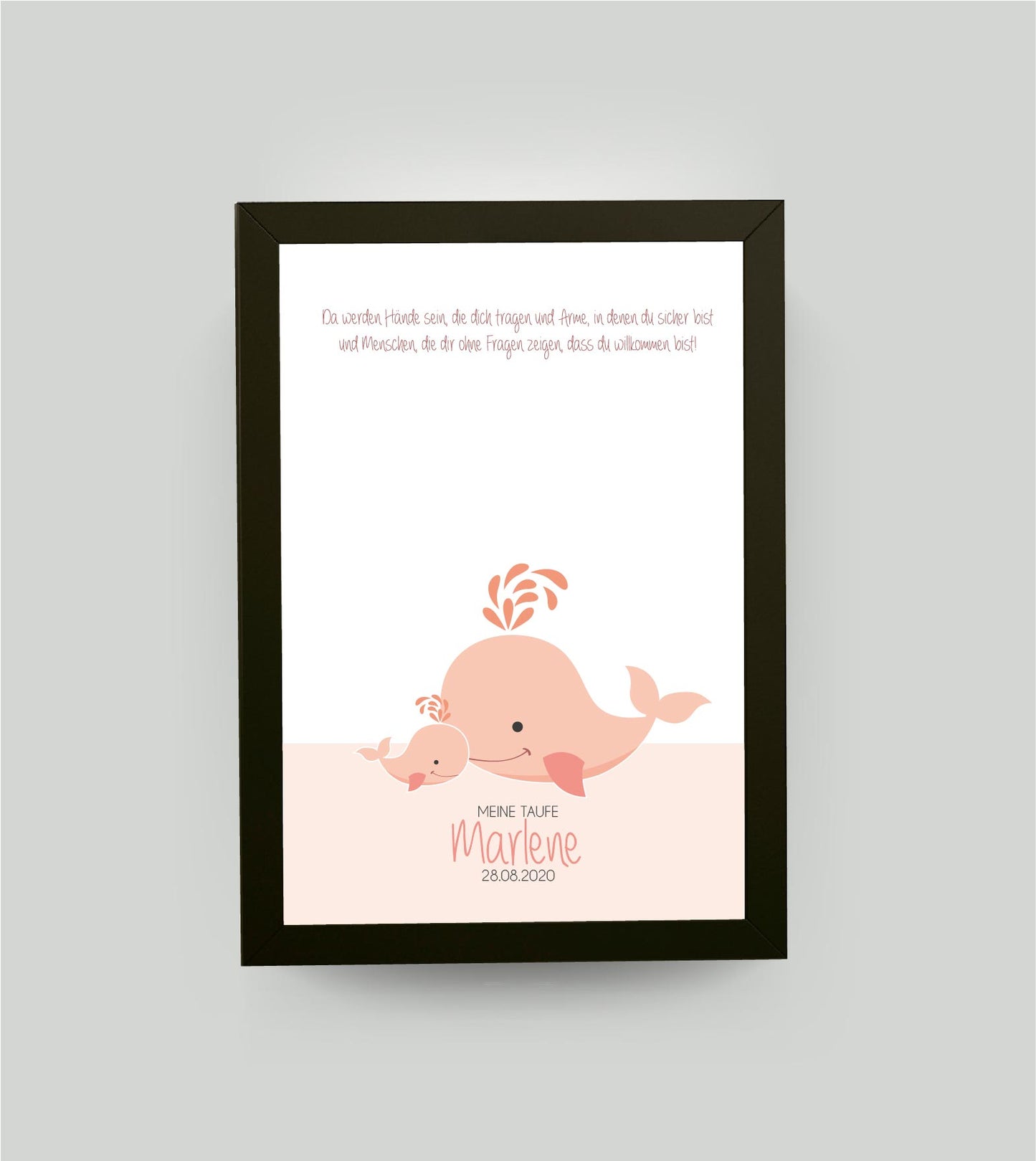 Personalisiertes Bild „Taufe Wal”, Bildfarbe: Rosa/Orange, Bildgröße: DIN A3, Bilderrahmen: Bilderrahmen schwarz ohne Passepartout, Copyright:321geschenke.de