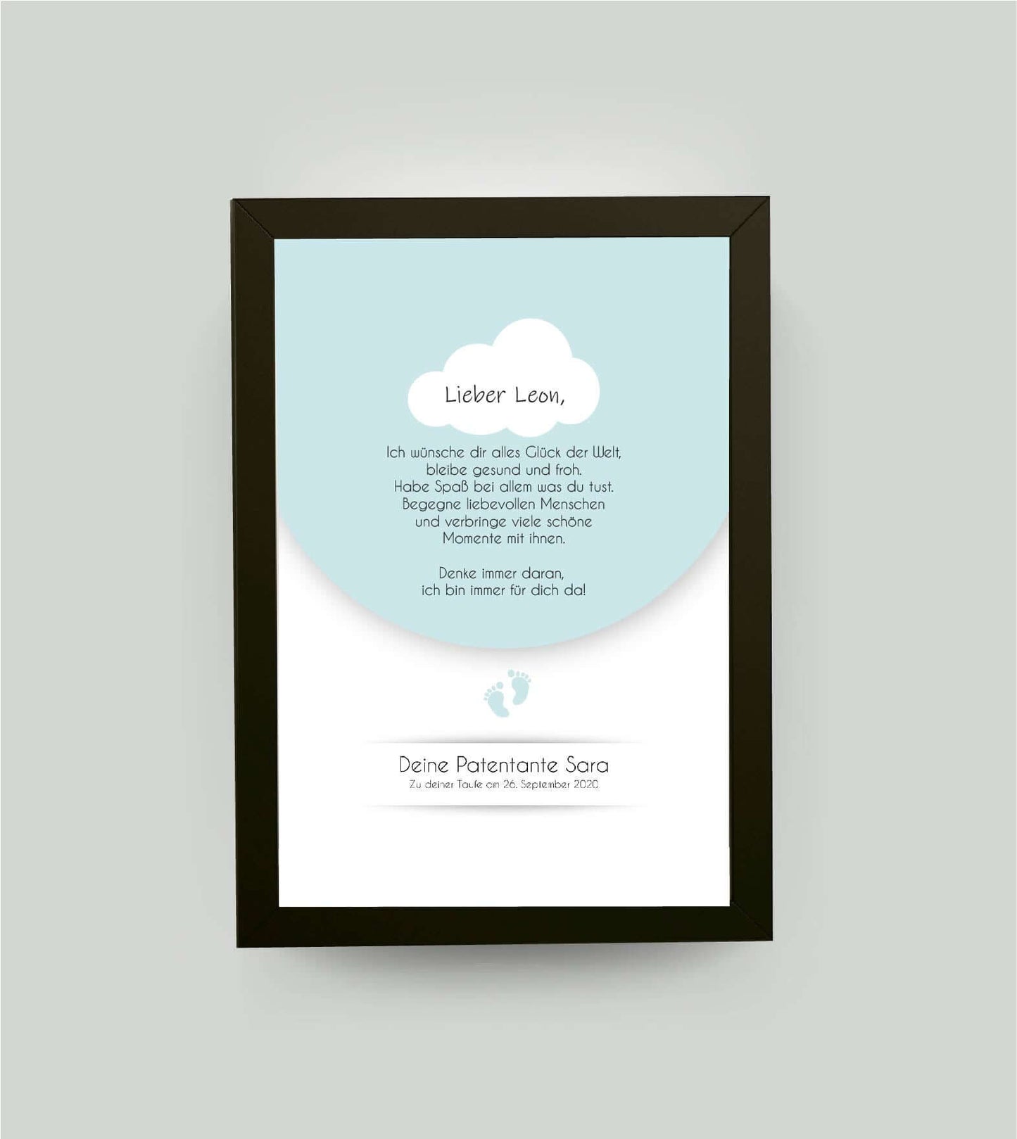 Personalisiertes Babyposter “Taufspruch” in blau, DIN A4, mit Rahmen schwarz 21x30cm, ohne Passepartout, Copyright:321geschenke.de