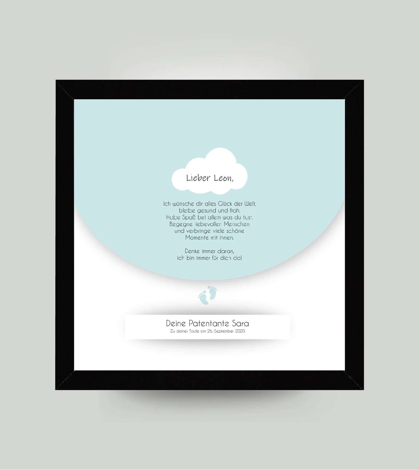 Personalisiertes Babyposter “Taufspruch” in blau, viereckig 25x25cm, mit Rahmen schwarz 27x27cm, ohne Passepartout, Copyright:321geschenke.de