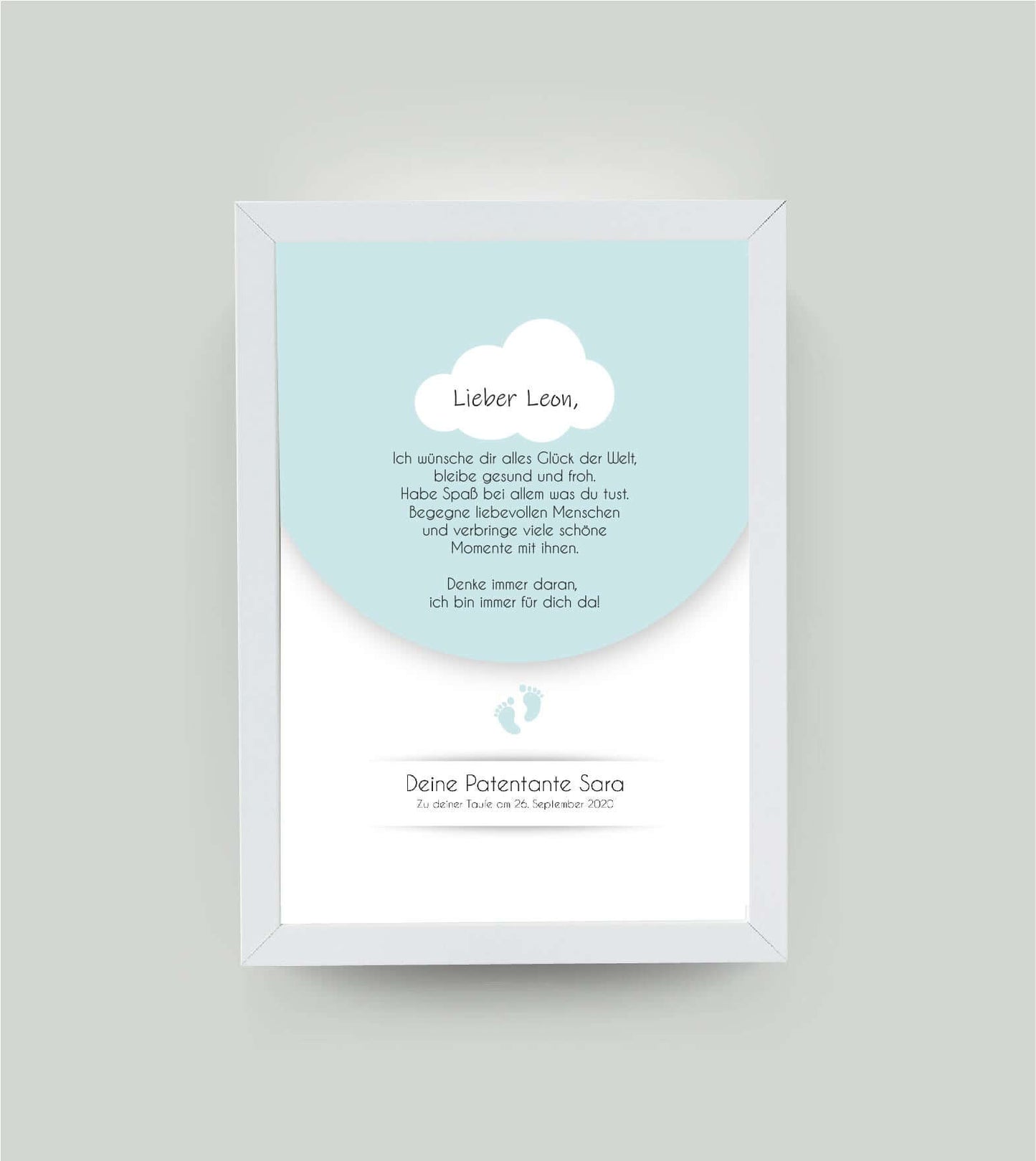 Personalisiertes Babyposter “Taufspruch” in blau, DIN A4, mit Rahmen weiß 21x30cm, ohne Passepartout, Copyright:321geschenke.de