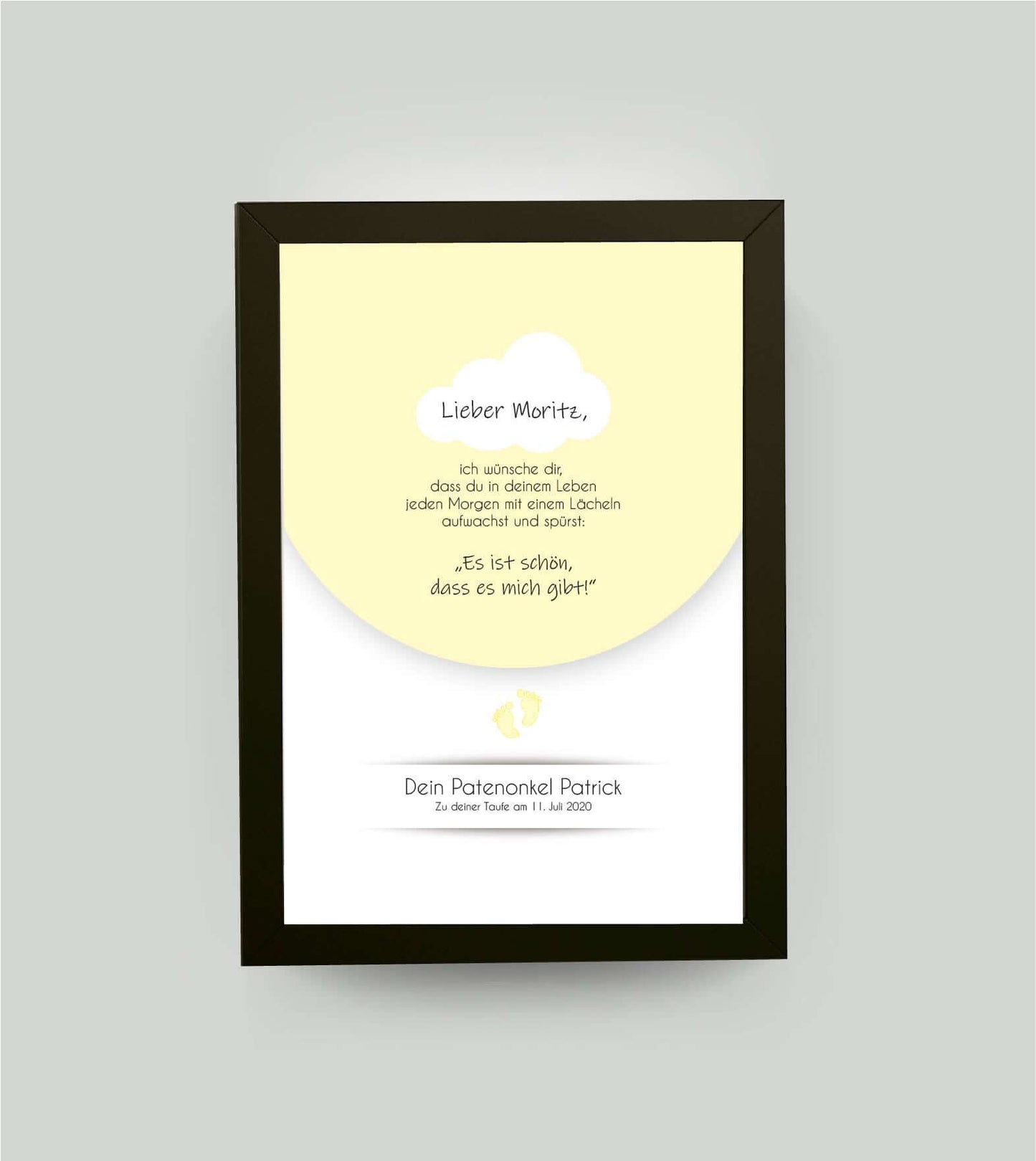 Personalisiertes Babyposter “Taufspruch” in gelb, DIN A4, mit Rahmen schwarz 21x30cm, ohne Passepartout, Copyright:321geschenke.de