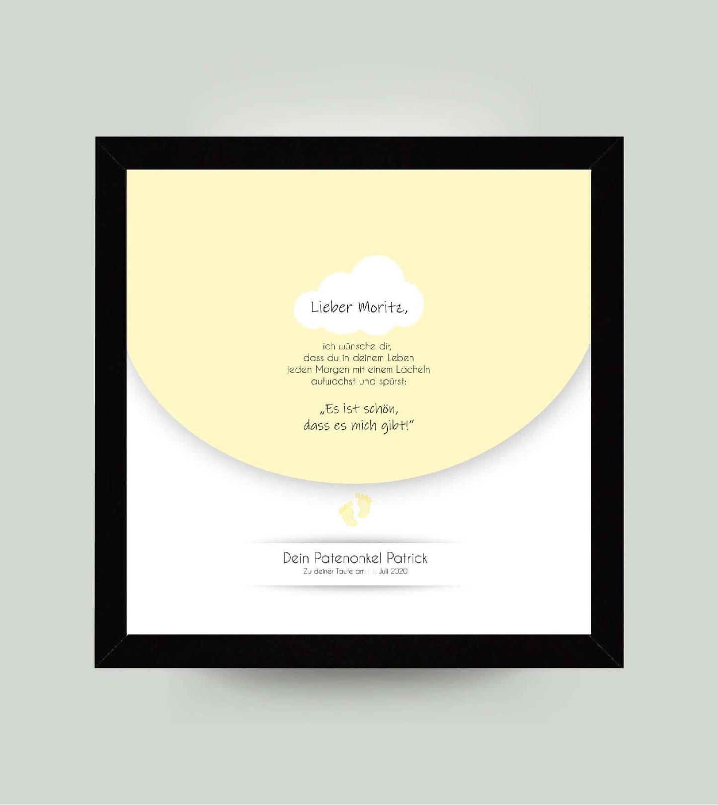 Personalisiertes Babyposter “Taufspruch” in gelb, viereckig 25x25cm, mit Rahmen schwarz 27x27cm, ohne Passepartout, Copyright:321geschenke.de
