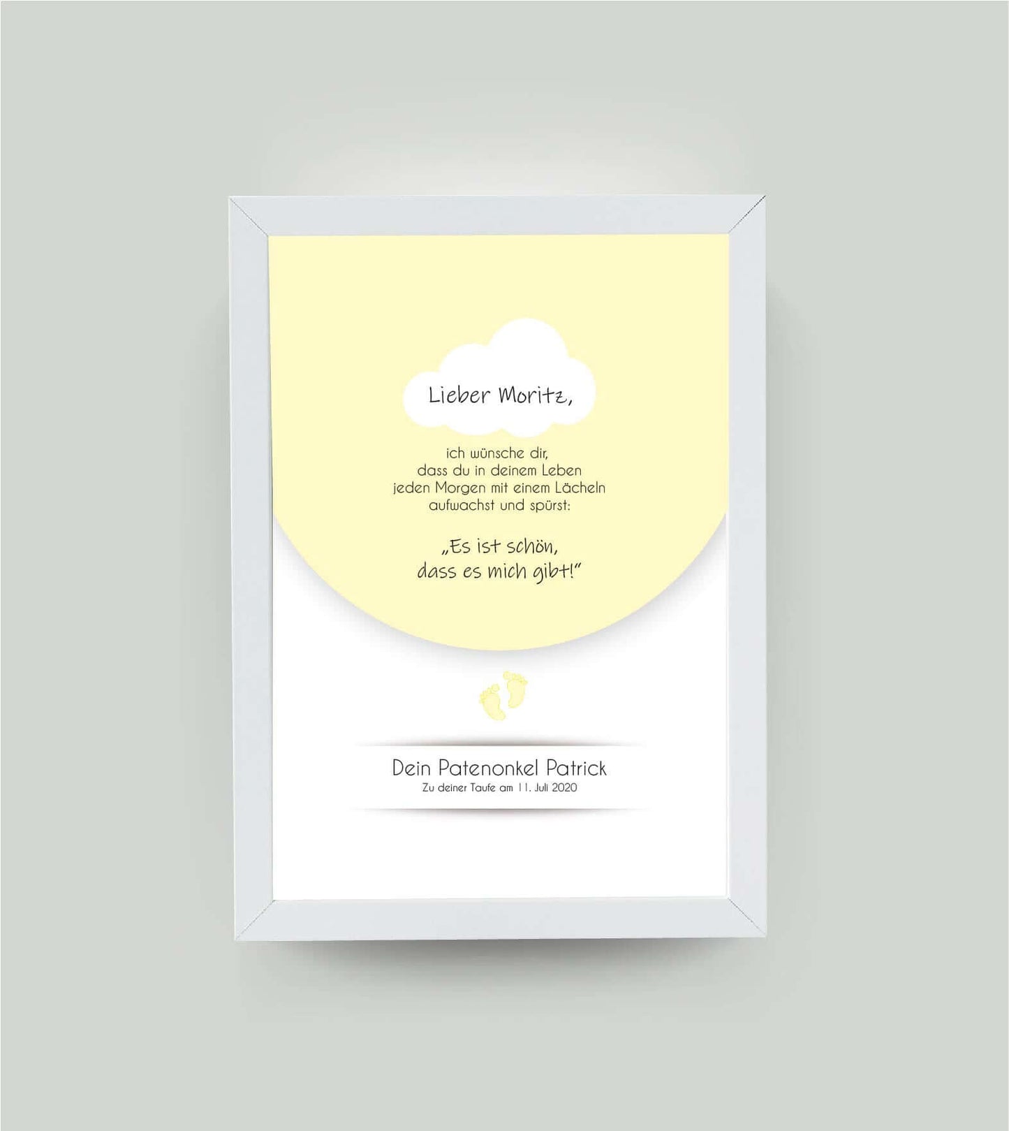 Personalisiertes Babyposter “Taufspruch” in gelb, DIN A4, mit Rahmen weiß 21x30cm, ohne Passepartout, Copyright:321geschenke.de