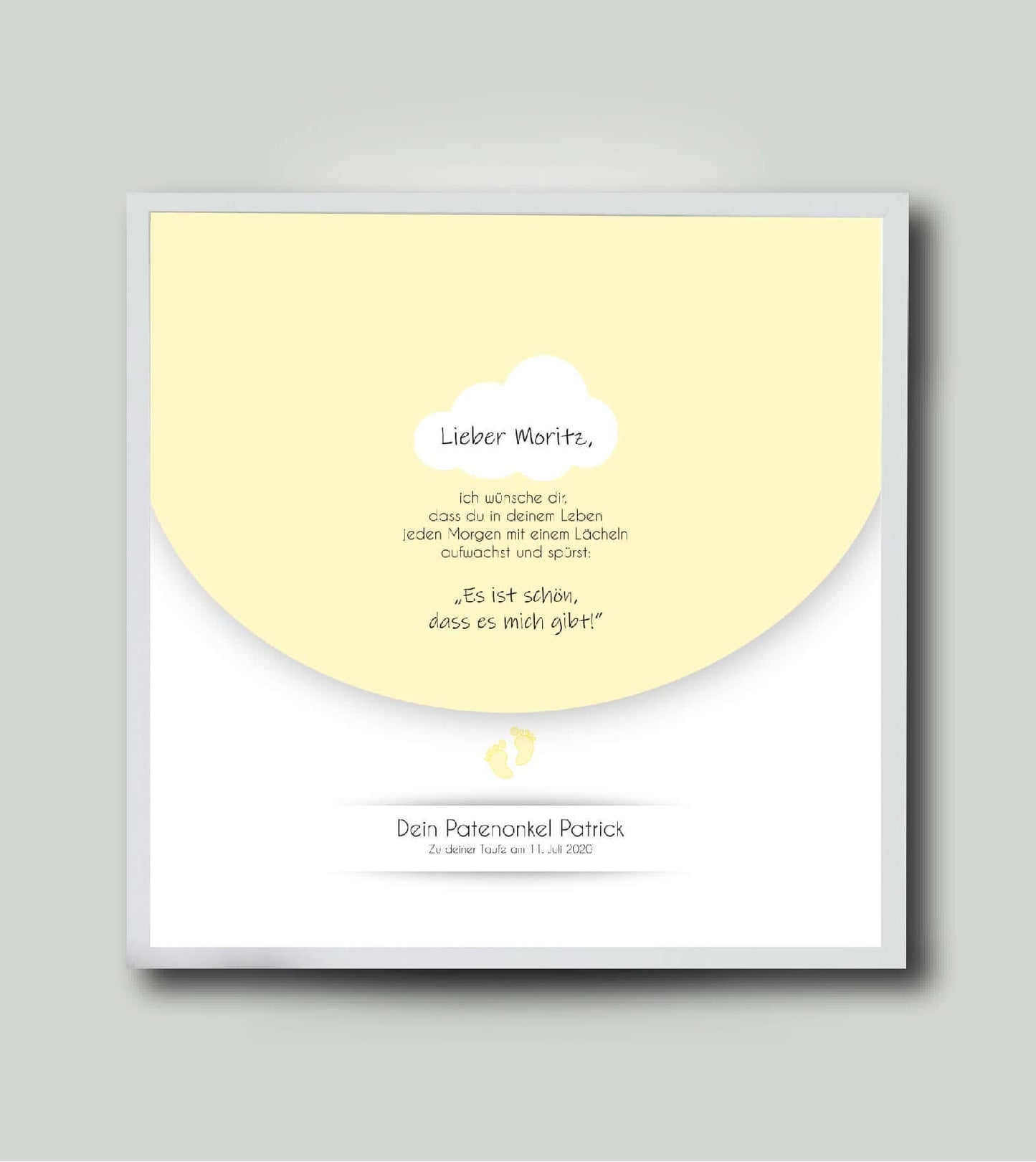 Personalisiertes Babyposter “Taufspruch” in gelb, viereckig 25x25cm, mit Rahmen weiß 27x27cm, ohne Passepartout