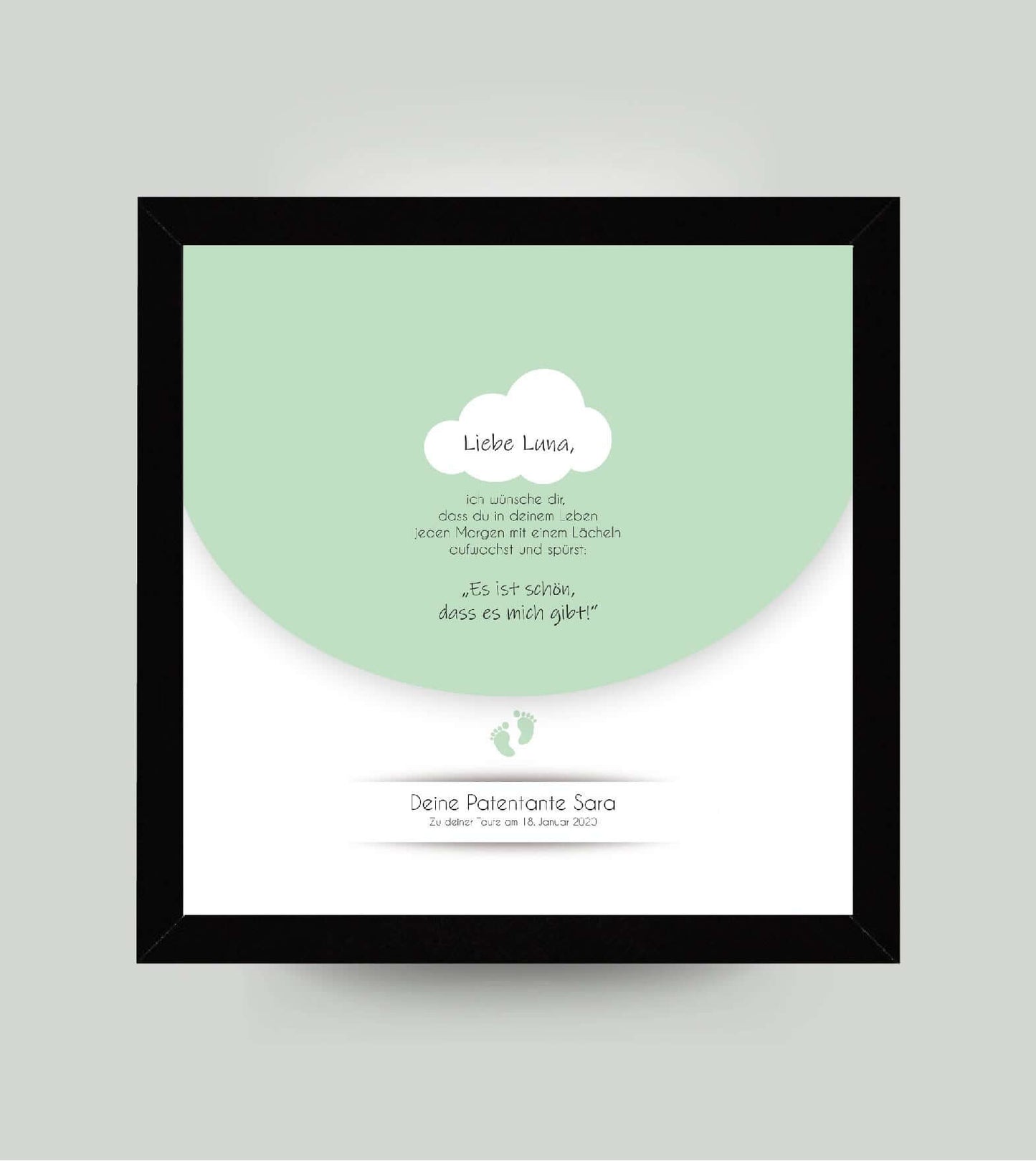 Personalisiertes Babyposter “Taufspruch” in grün, viereckig 25x25cm, mit Rahmen schwarz 27x27cm, ohne Passepartout