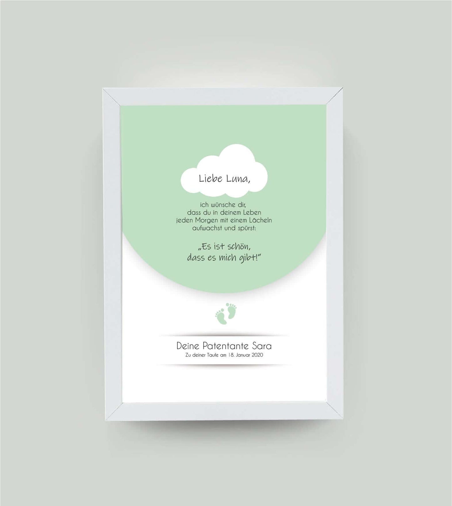 Personalisiertes Babyposter “Taufspruch” in grün, DIN A4, mit Rahmen weiß 21x30cm, ohne Passepartout