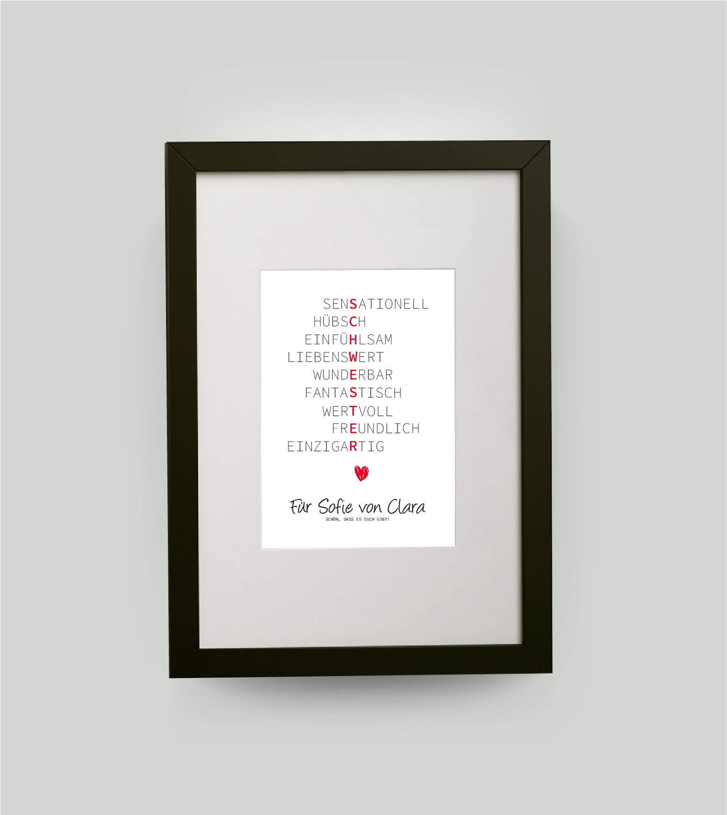 Personalisiertes Wörterposter "Schwester", 13x18cm, mit Rahmen schwarz 21x30cm, mit Passepartout, Copyright: 321geschenke.de