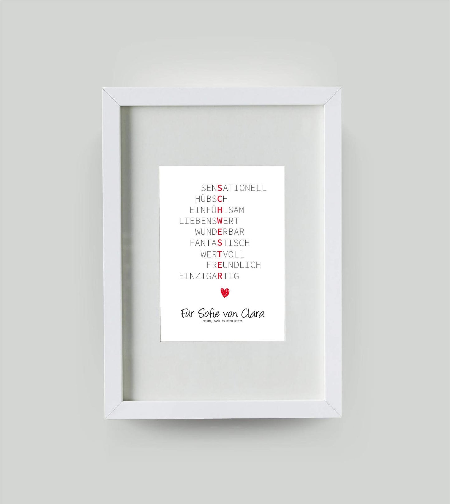 Personalisiertes Wörterposter "Schwester", 13x18cm, mit Rahmen weiß 21x30cm, mit Passepartout, Copyright: 321geschenke.de