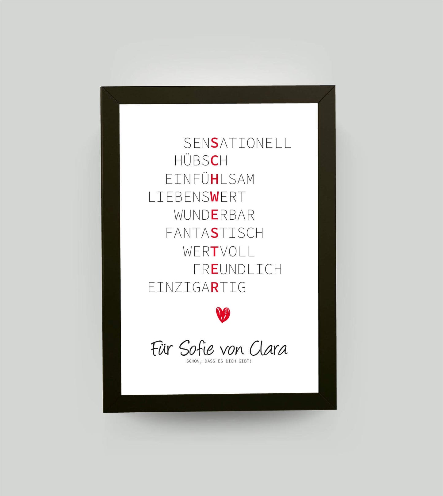 Personalisiertes Wörterposter "Schwester", DIN A4, mit Rahmen schwarz 21x30cm, ohne Passepartout, Copyright: 321geschenke.de