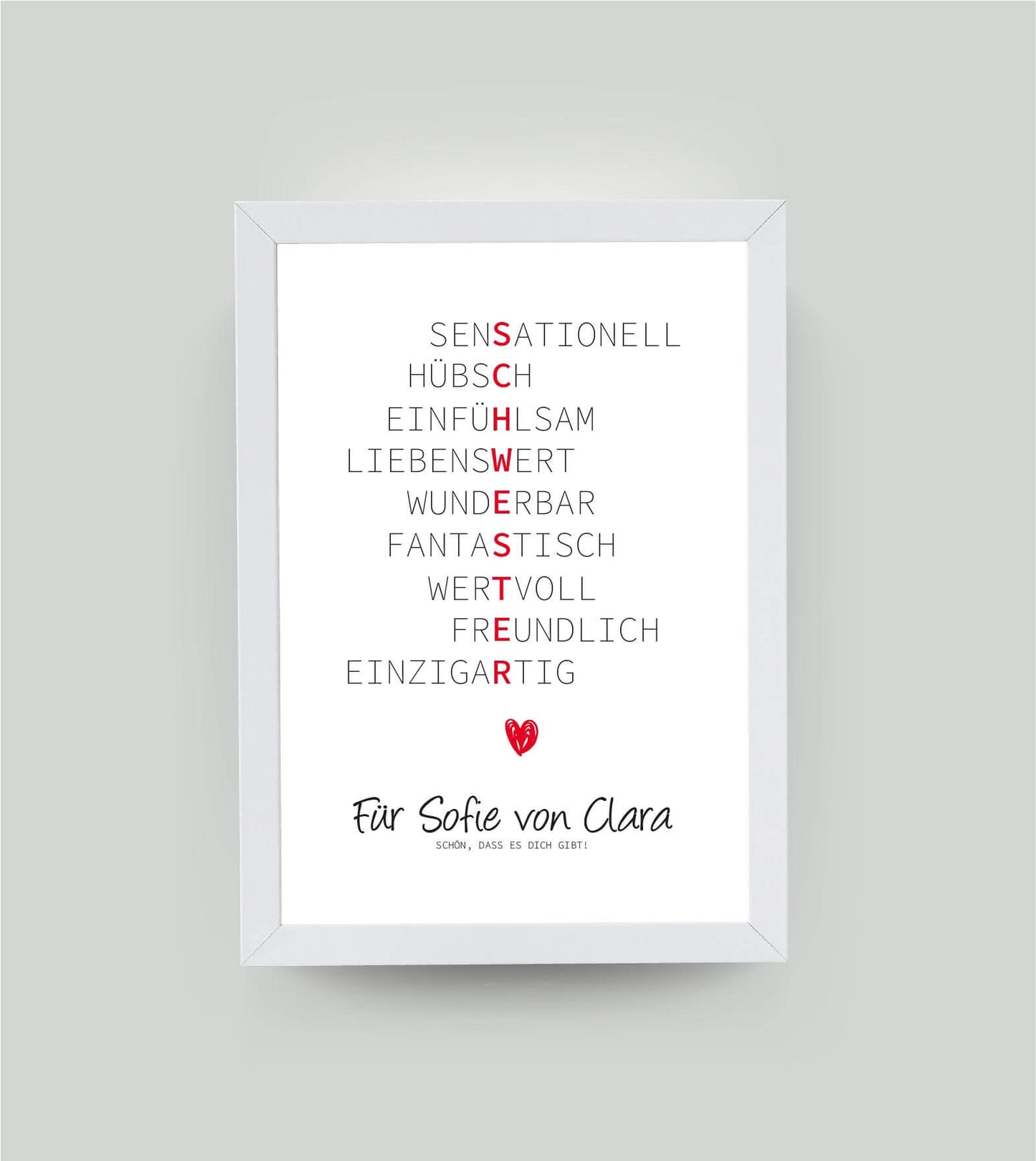 Personalisiertes Wörterposter "Schwester", DIN A4, mit Rahmen weiß 21x30cm, ohne Passepartout, Copyright: 321geschenke.de