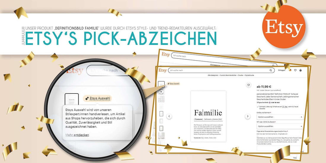 🏆 Unser 𝗗𝗲𝗳𝗶𝗻𝗶𝘁𝗶𝗼𝗻𝘀𝗽𝗼𝘀𝘁𝗲𝗿 𝗙𝗔𝗠𝗜𝗟𝗜𝗘 wurde mit dem Etsy's Pick-Abzeichen ausgezeichnet! 🎉, 𝗪𝗶𝗿 𝗵𝗮𝗯𝗲𝗻 𝗲𝘀 𝗴𝗲𝘀𝗰𝗵𝗮𝗳𝗳𝘁! Danke an alle., Copyright: 321geschenke.de