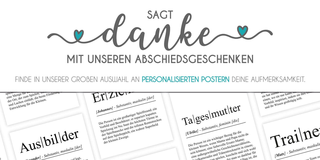 Sagt "Auf Wiedersehen" und DANKE mit unseren personalisierten Abschiedsgeschenken, Speziell für Ausbilder:innen, Lehrer:innen, Erzieher:innen, Tagesmüttern und Trainer:innen., Copyright: 321geschenke.de