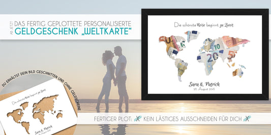 Personalisierte Geldgeschenk-Weltkarte für gemeinsame Reisen jetzt erhältlich!, Copyright: 321geschenke.de