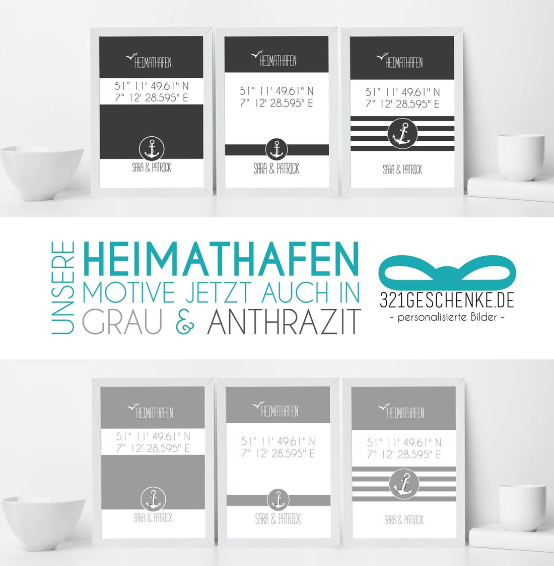 Ab sofort auch in GRAU und ANTHRAZIT – Unsere Koordinatenbilder „⚓HEIMATHAFEN“ mit Anker