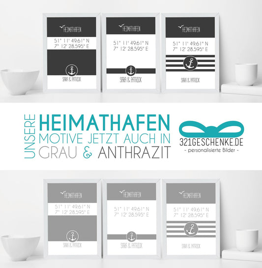 Ab sofort auch in GRAU und ANTHRAZIT – Unsere Koordinatenbilder „⚓HEIMATHAFEN“ mit Anker
