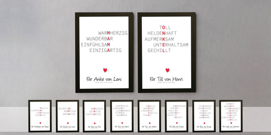 Ab sofort - Unsere 10 neuen WÖRTERPOSTER, Lass das Poster mit bestimmten Begriffen die Charakter-Eigenschaften für den Beschenkten umschreiben und dadurch ein Unikat werden!, Copyright: 321geschenke.de