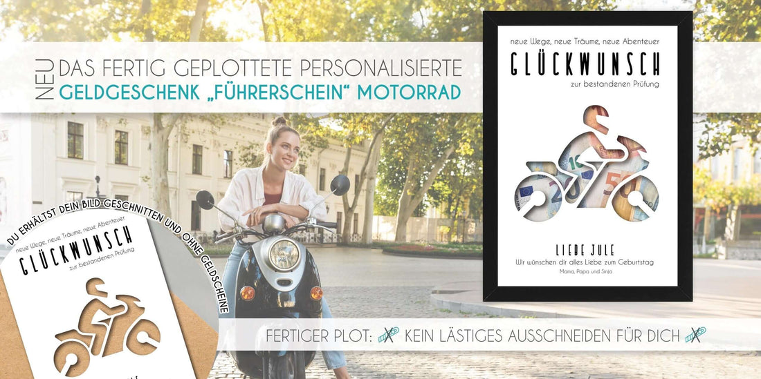 Entdecke unser neues Geldgeschenk: Perfekt zum bestandenen Motorrad-Führerschein, Copyright: 321geschenke.de