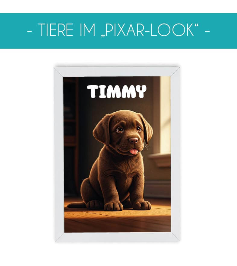 Mach dein Haustier zum Star mit diesem einmaligen Poster, das aussieht, als wäre es direkt aus einem Pixar-Film entsprungen! 